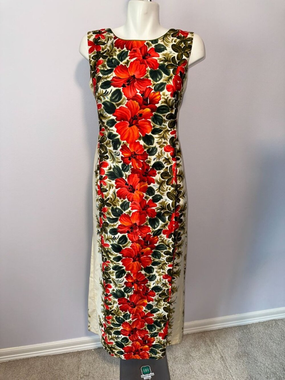 Vintage 60s Tiki Mod Hawaiian Maxi Dress Red Hibiscus Floral Train Hostess Gown - Picture 4 of 9